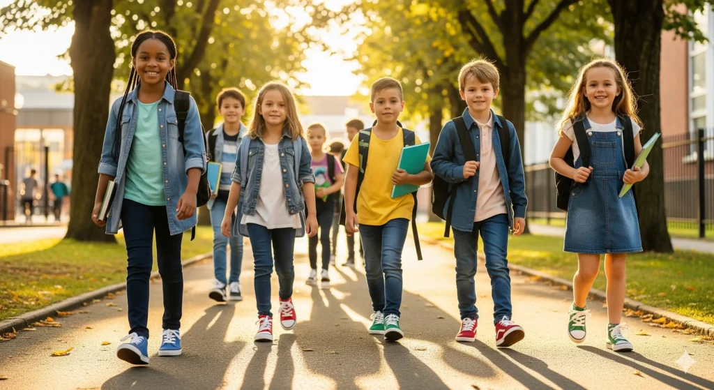How to Find the Best Back to School Shoes Under $50: A Parent's Guide 1 Kids walking to school in stylish affordable sneakers under $50, carrying backpacks with blog title text overlay “Best Back to School Shoes Under $50”.