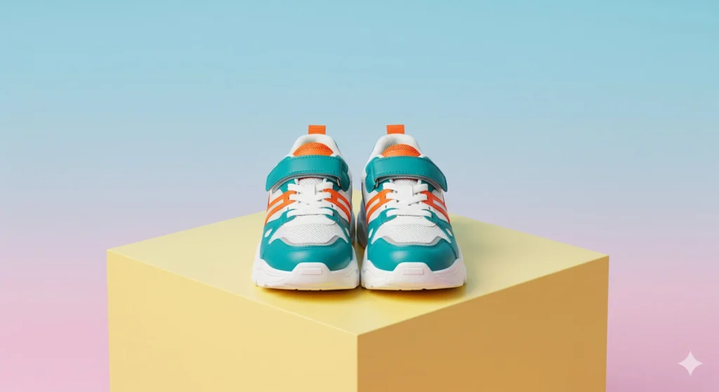 How to Find the Best Back to School Shoes Under $50: A Parent's Guide 3 Stylish kids’ sneakers under $50 displayed on a pastel podium, modern product photography for back to school fashion.