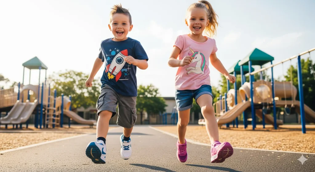 How to Find the Best Back to School Shoes Under $50: A Parent's Guide 4 Children running on a school playground wearing trendy sneakers under $50, showing comfort and durability for back to school.