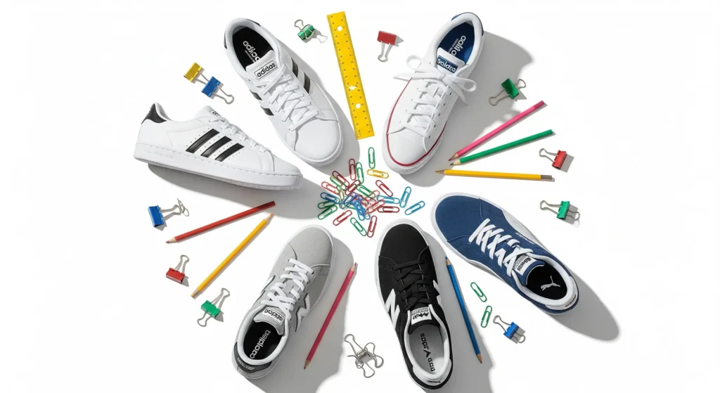 How to Find the Best Back to School Shoes Under $50: A Parent's Guide 2 Flat-lay of affordable back to school sneakers under $50 with school supplies, featuring blog title overlay “Best Back to School Shoes Under $50”.
