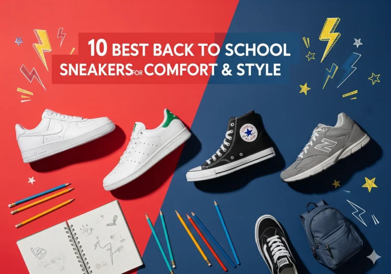 Group of trendy and comfortable back to school sneakers for kids and teens in different styles and colors.
