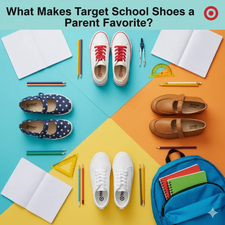 What Makes Target School Shoes a Parent Favorite? 5 Different styles of Target school shoes including sneakers, Mary Janes, and loafers displayed on a colorful background.